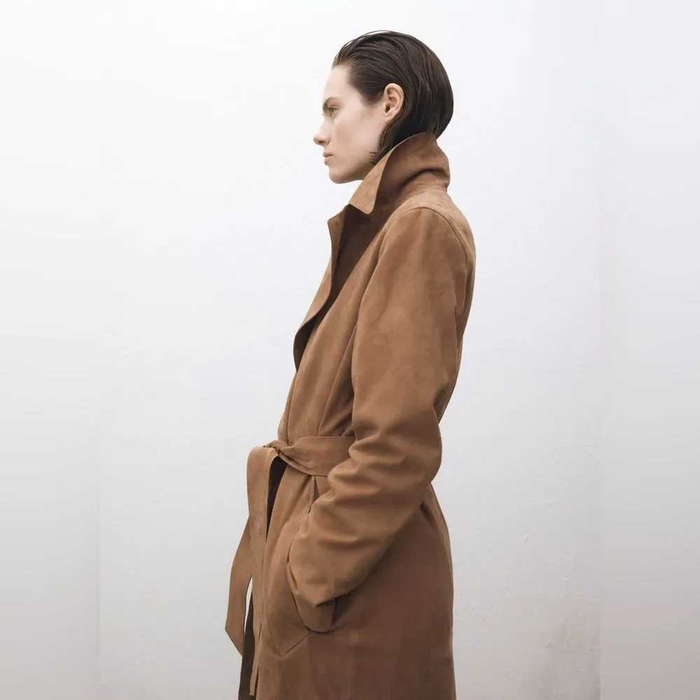 Mango 100% Genuine Suede Trench Coat New - Picture 6 of 9